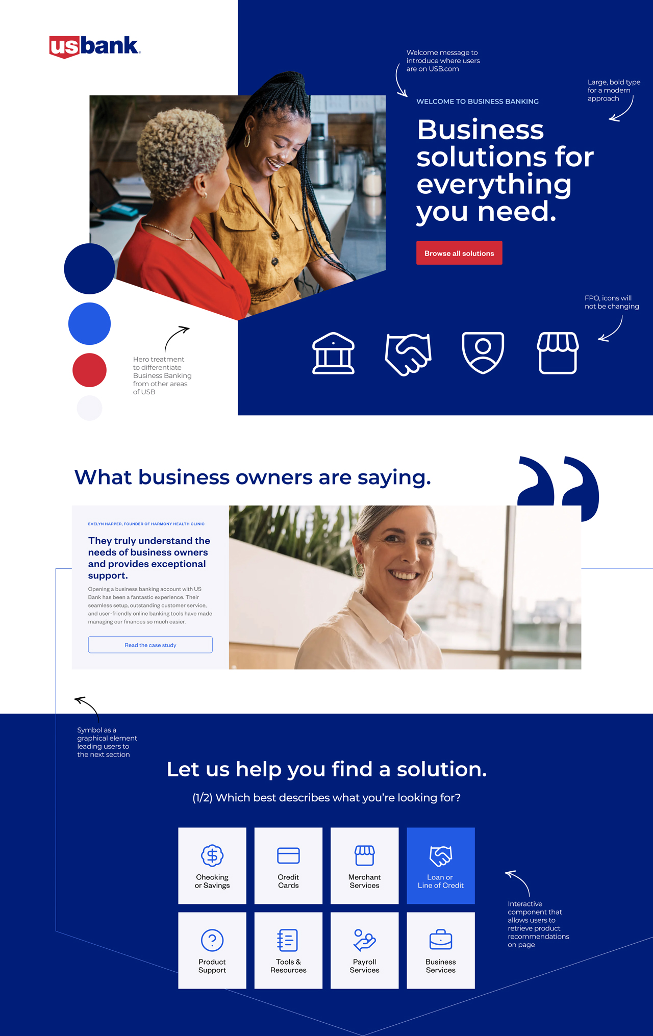 Moodboard concept 1: Finding an edge and emphasizing on the visual elements that make U.S. Bank distinct while staying close to the current look and feel.